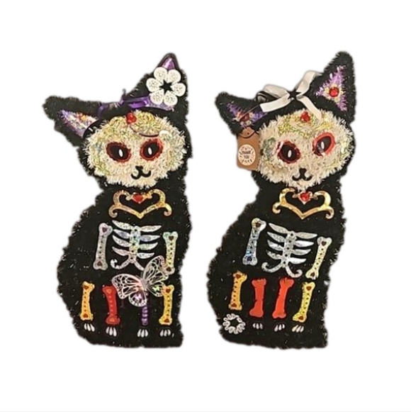 Hand Crafted Other - Hand crafted Halloween Cats Set of 2 Black Cats Handmade Holographic Bone detail